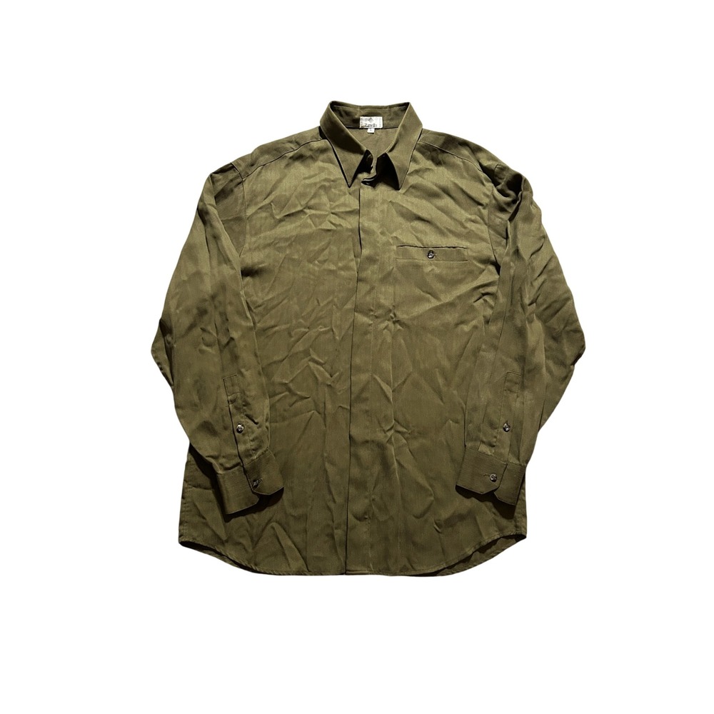Zanella Button Up Shirt Mens L Olive Herringbone Rayon Hidden Placket Italy